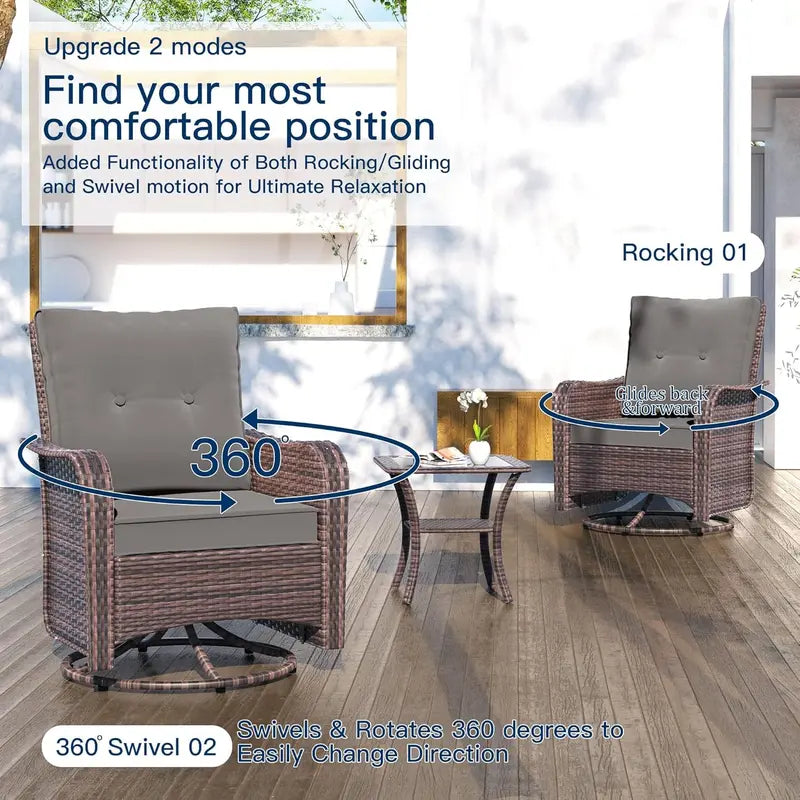 Swivel Rocking Patio Chair Set — 3 Piece with Cushions & Side Table
